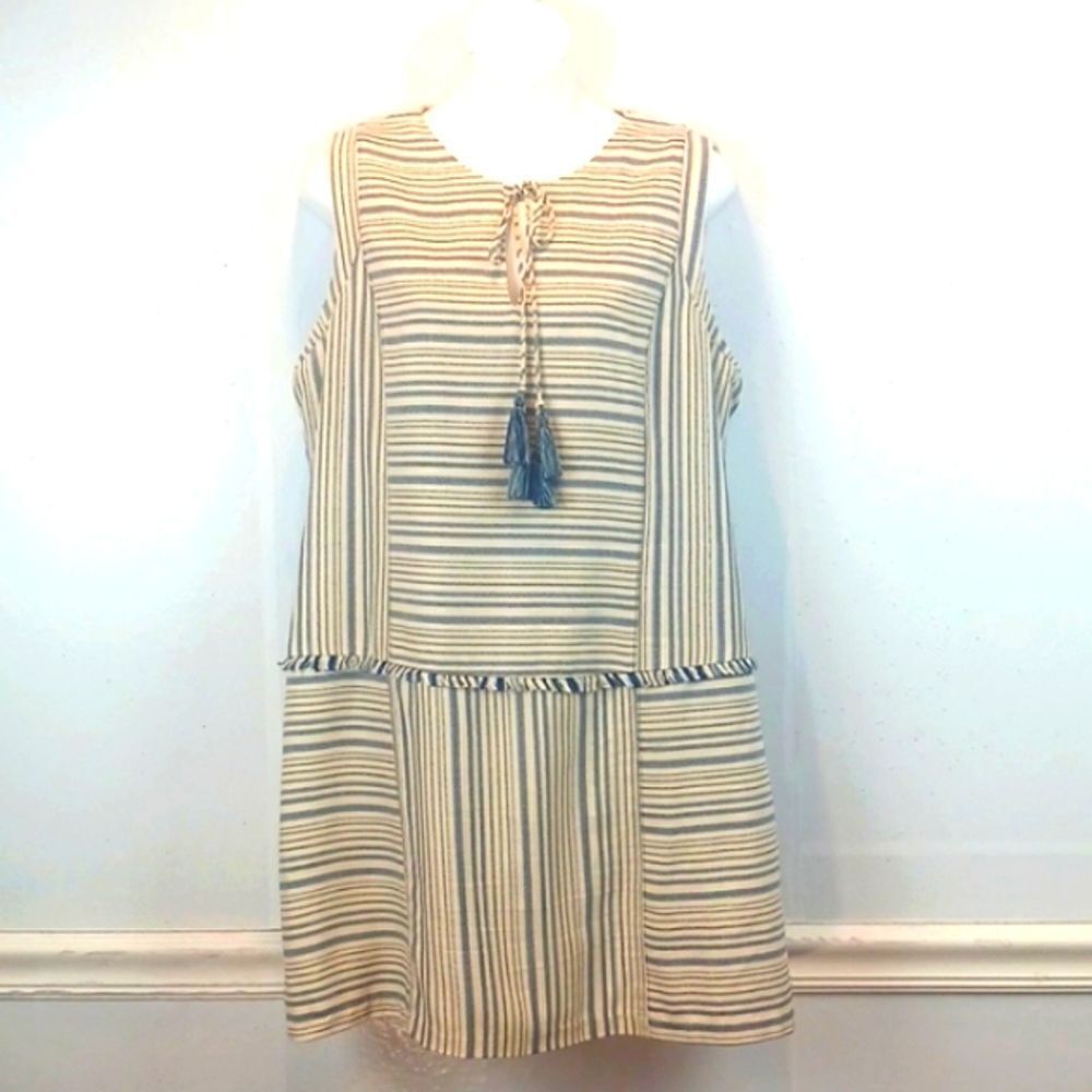 Greylin blue/cream stripped sleeveless Sheath dress with Fringe and tassels L